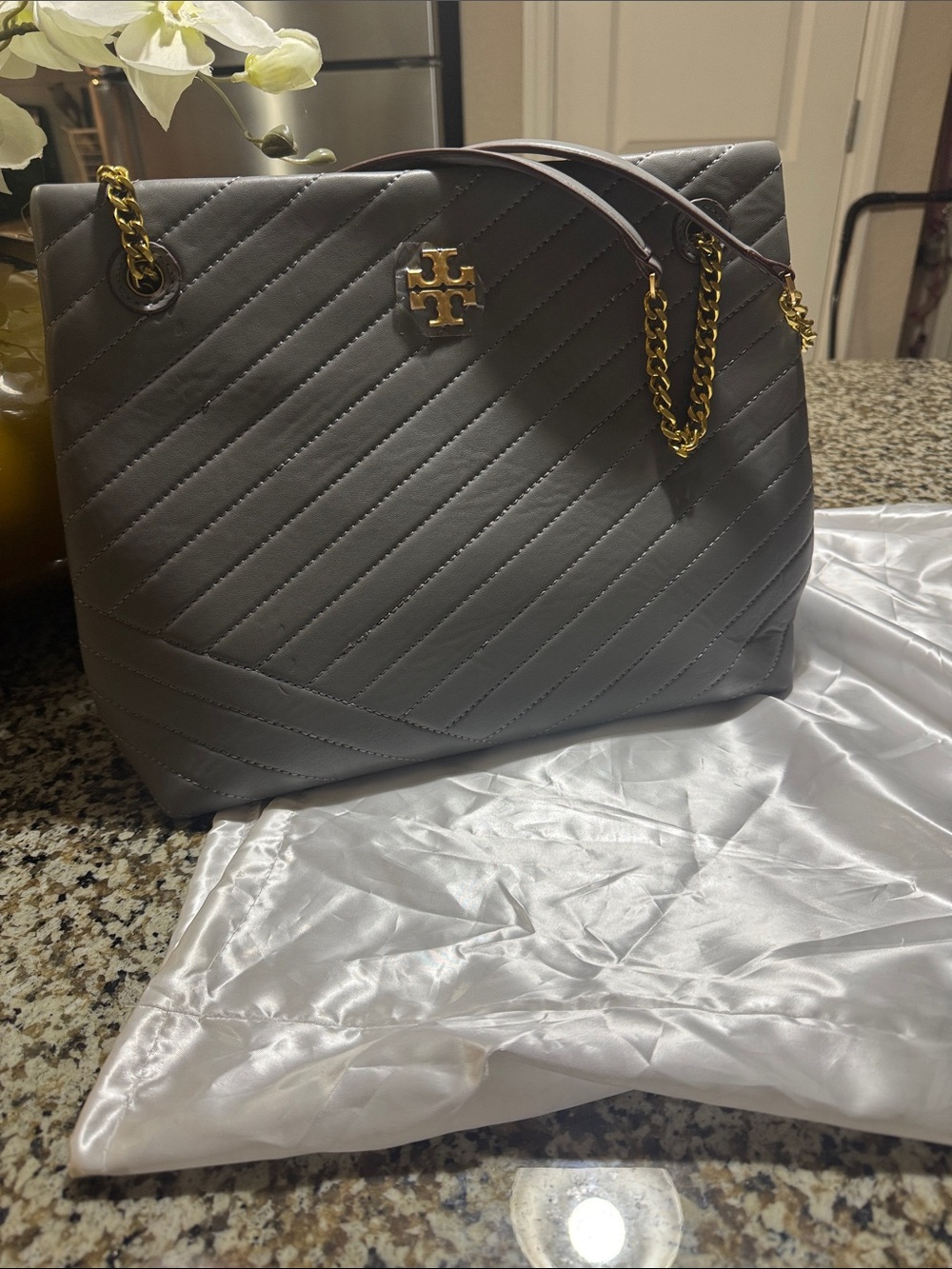 Tory Burch Quilted Shoulder Tote in Gray with Gold Hardware